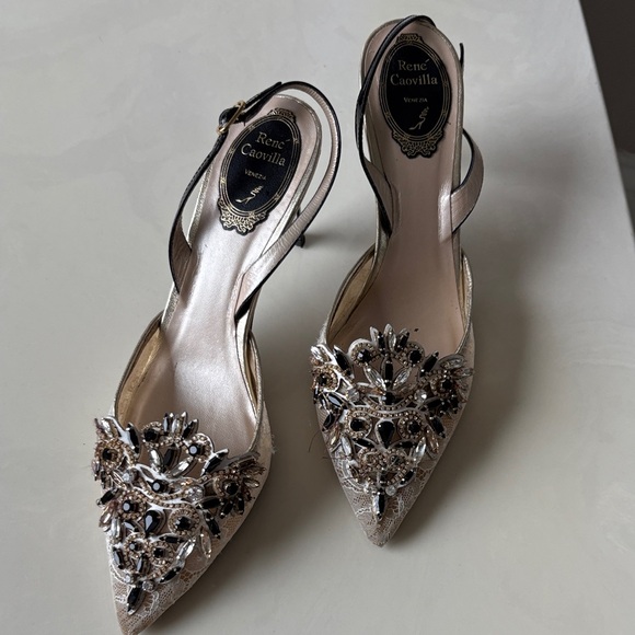 Rene Caovilla Shoes - RENE CAOVILLA Embellished Slingback Heels/Gold Lace Stones size 38/8 Ret: $1195